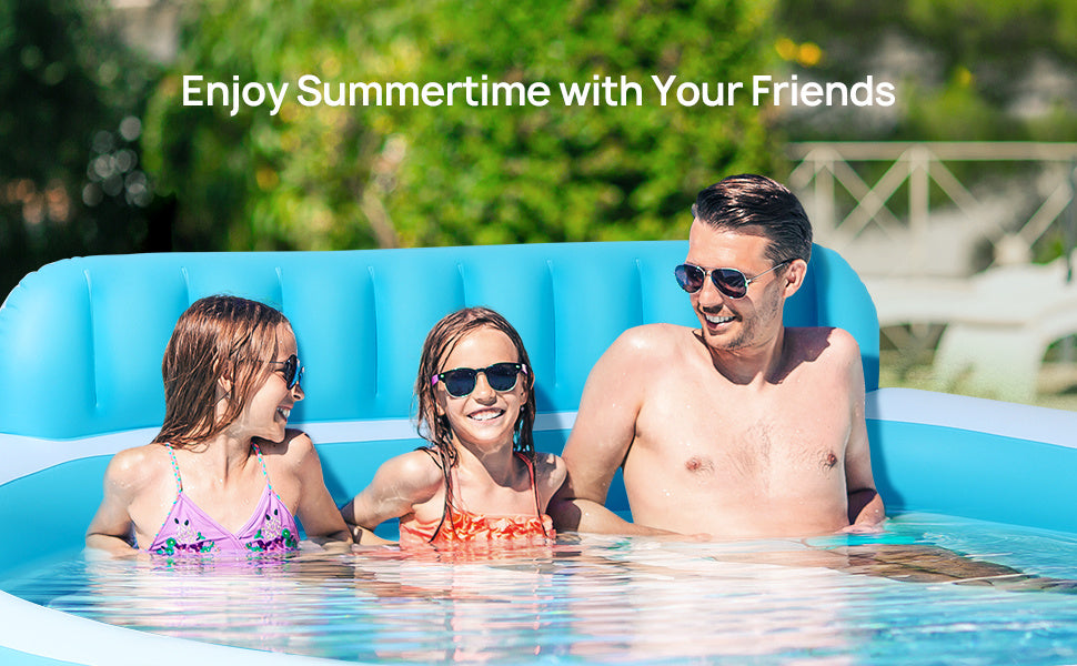 Full-Sized Inflatable Swimming Family Pool with Seats, 88"x85"X30" Above Ground Blow Up Pool with Backrest Bench for Backyard Kiddie Pool, Age 3+