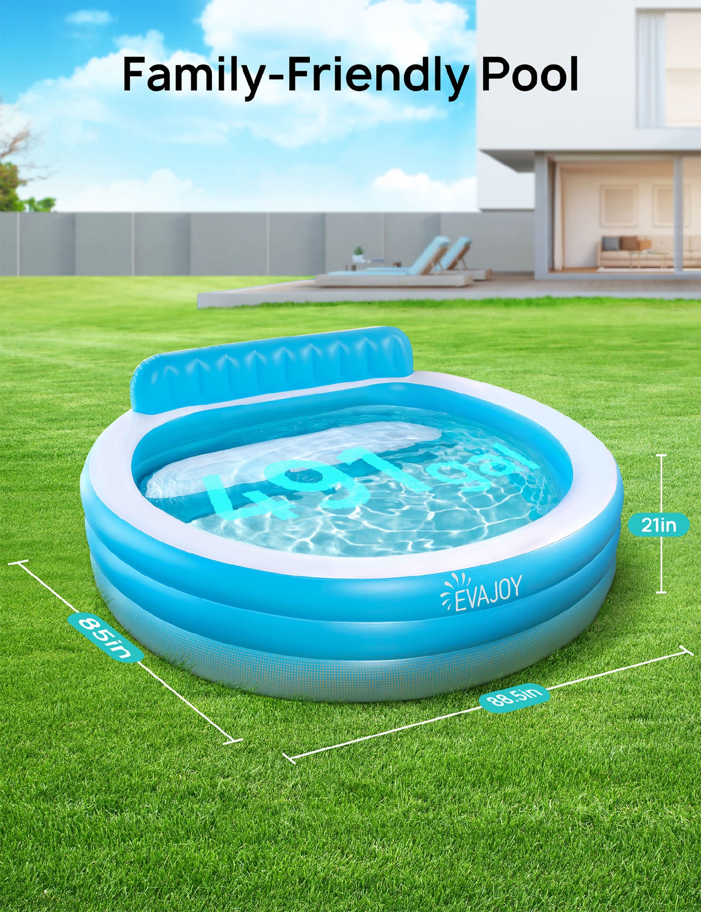 Full-Sized Inflatable Swimming Family Pool with Seats, 88"x85"X30" Above Ground Blow Up Pool with Backrest Bench for Backyard Kiddie Pool, Age 3+