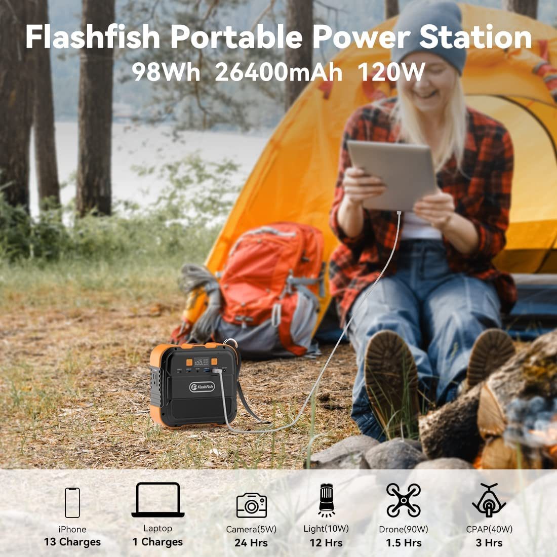 The FlashFish Mini Portable Power Flashlight Safety Supply Station is both compact & lightweight and equipped with a built-in flashlight and a convenient hanging rope making it easy to hang on your backpack or carry around while traveling or enjoying an outdoor adventure, featuring 6 outputs to charge devices and a 2-mode LED light source able to switch between constant or SOS flashing.