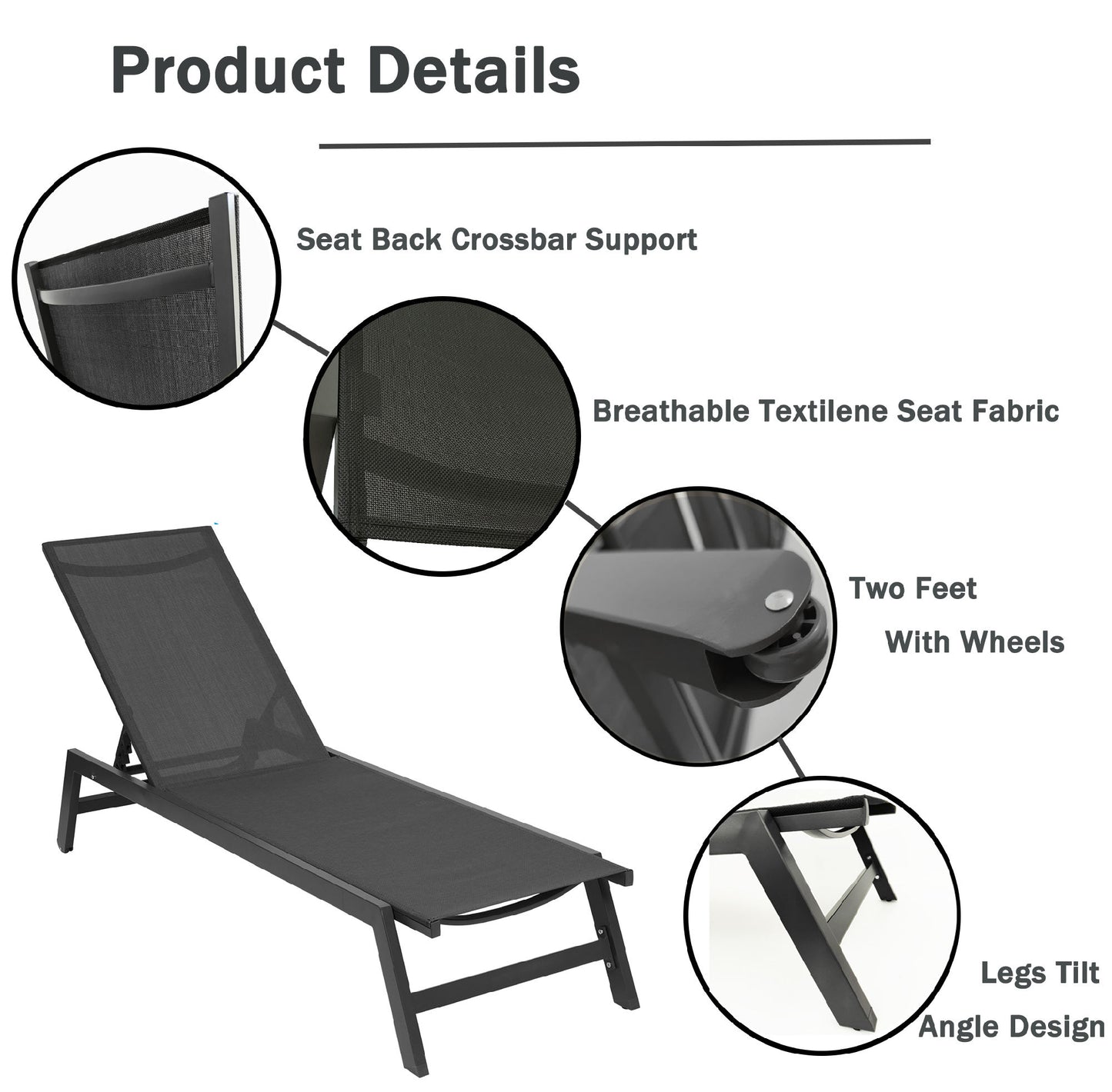 Outdoor Chaise Lounge Chair; Five-Position Adjustable Aluminum Recliner; All Weather For Patio; Beach; Yard;  Pool