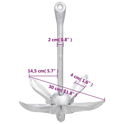 Folding Anchor with Rope Silver 5.5 lb Malleable Iron
