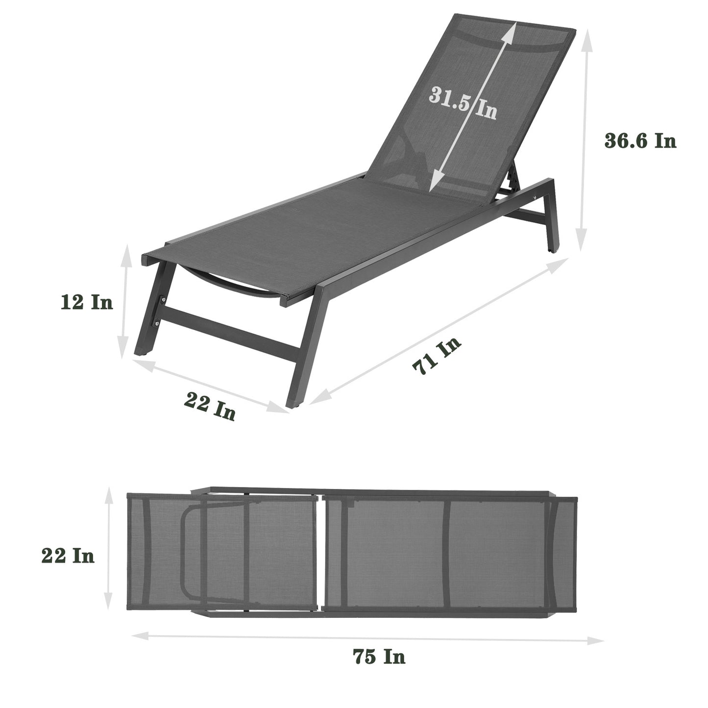 Outdoor Chaise Lounge Chair; Five-Position Adjustable Aluminum Recliner; All Weather For Patio; Beach; Yard; Pool(Grey Frame/Dark Grey Fabric)