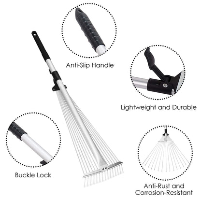 63in Adjustable Garden Leaf Rake 15 Teeth Expanding Stainless Steel Rake For Quick Clean Lawn Yard Garden