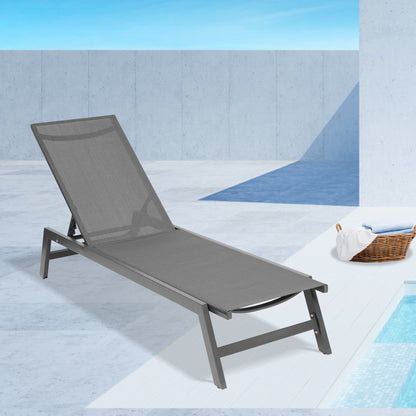 Outdoor Chaise Lounge Chair; Five-Position Adjustable Aluminum Recliner; All Weather For Patio; Beach; Yard; Pool(Grey Frame/Dark Grey Fabric)