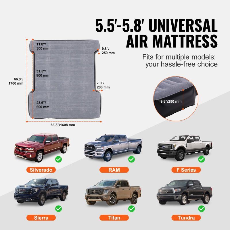 Inflatable Air Mattress Camping Bed for 5.5-5.8 ft Full Size Short Truck Beds