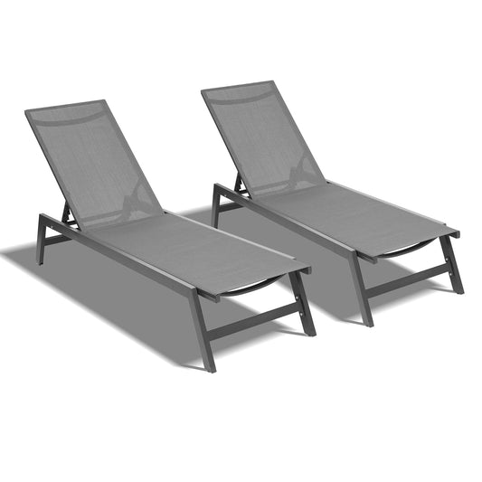 Outdoor 2-Pcs Set Chaise Lounge Chairs, Five-Position Adjustable Aluminum Recliner, All Weather For Patio, Beach, Yard, Pool RT