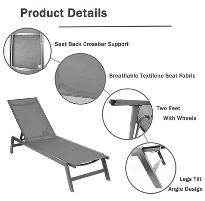 Outdoor Chaise Lounge Chair; Five-Position Adjustable Aluminum Recliner; All Weather For Patio; Beach; Yard; Pool(Grey Frame/Dark Grey Fabric)