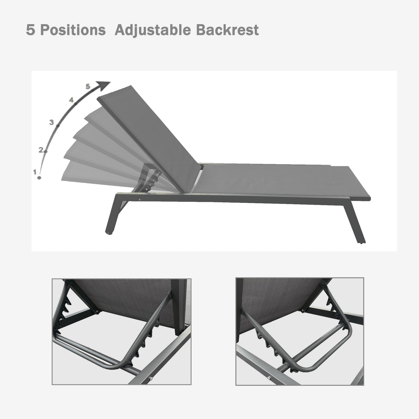 Outdoor Chaise Lounge Chair; Five-Position Adjustable Aluminum Recliner; All Weather For Patio; Beach; Yard; Pool(Grey Frame/Dark Grey Fabric)