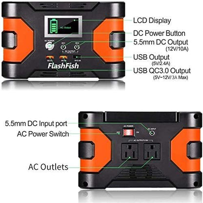 The FlashFish Peak Portable Power Supply Station is a lightweight yet reliable power supply station for your outdoor adventure and emergency power outage solution with several feataures for multifuntional use. Battery Flash Fish FlashFish AC DC Portable Lithium Chargeable Battery Indoor Outdoor USB